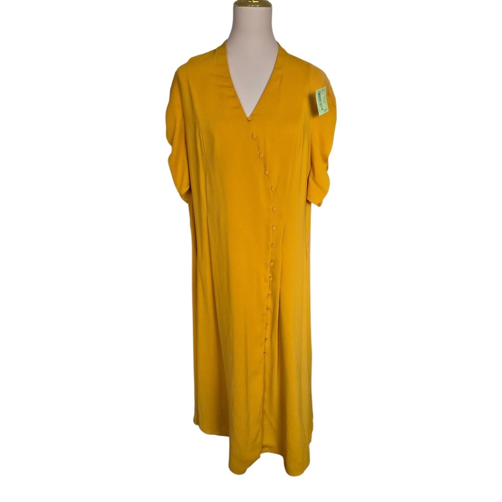 Gibson Latimer Mustard Yellow Midi Dress Short Sleeve Button Front XL New